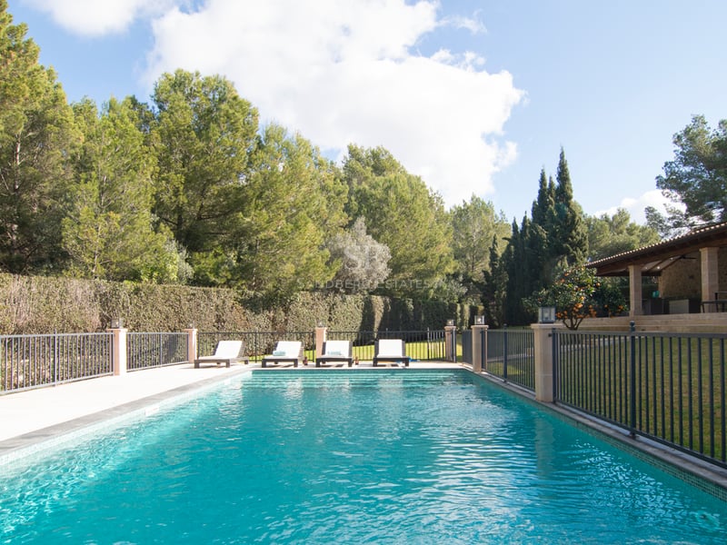 Rektangulär turkos pool med vita solstolar, omgiven av ett svart staket och lummiga tallar.