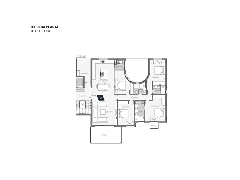 Plan technique 2D du troisième étage montrant 4 chambres, un salon ouvert et de grandes terrasses.