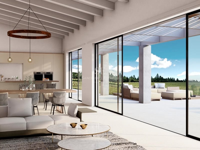 Salon lumineux avec poutres apparentes, canapés modernes et grandes baies vitrées ouvrant sur une terrasse ensoleillée.