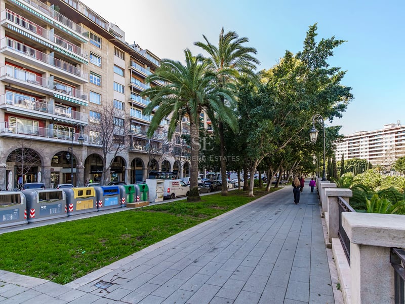 Promenade urbaine pavée avec palmiers à côté d'un immeuble en pierre à plusieurs étages avec balcons sous un ciel bleu.