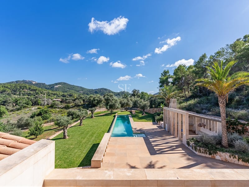 Vue en hauteur d'une longue piscine turquoise, terrasse en pierre et oliviers sur fond de collines verdoyantes.