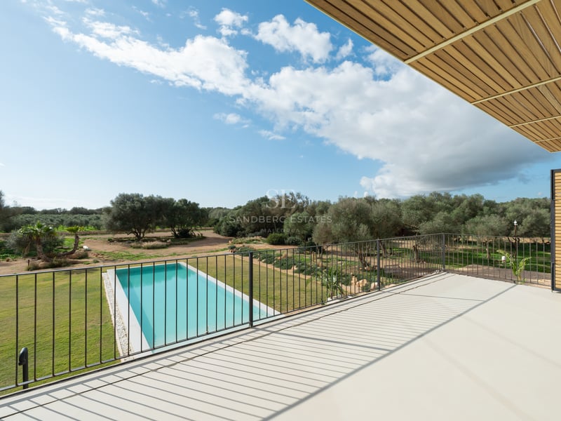 Upphöjd vy från en vit terrass över en rektangulär pool omgiven av gräsmatta och olivträd under en blå himmel.