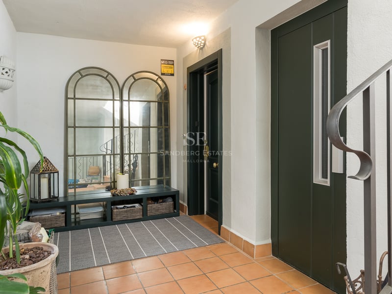 Entrance hallway featuring terracotta tiled floor, large arched mirrors, a dark green door, and indoor plants.