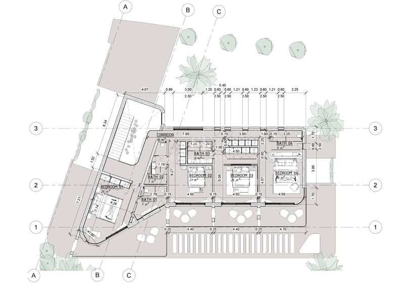 Plan d'architecte montrant quatre chambres avec salles de bains privatives, terrasse et stationnement.