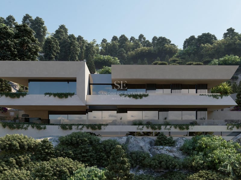 Modern two-story villa with white cantilevered levels, glass railings, and lush green landscaping on a wooded hillside.