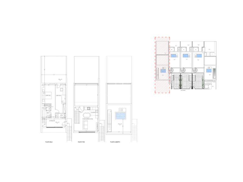Technical floor plans of a three-level residence showing ground floor, first floor, and roof terrace with pool.