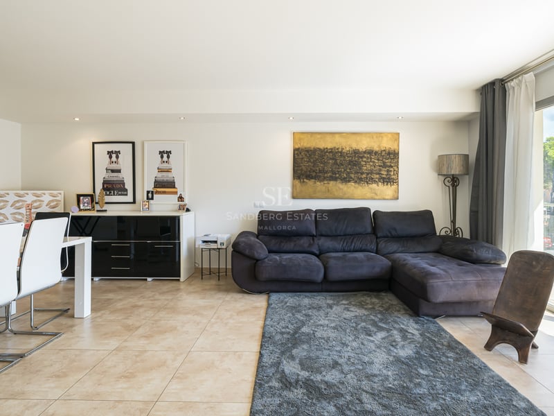 Rymligt modernt vardagsrum med mörk soffa, vit matgrupp och stora glaspartier med naturligt ljus.