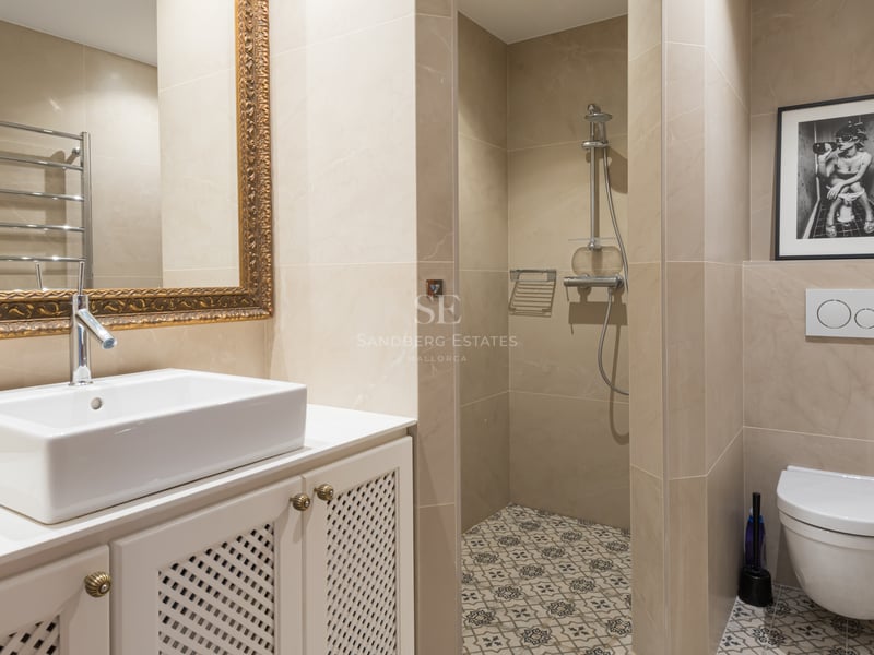Modern bathroom featuring white vanity, ornate gold mirror, walk-in shower, and patterned floor tiles.
