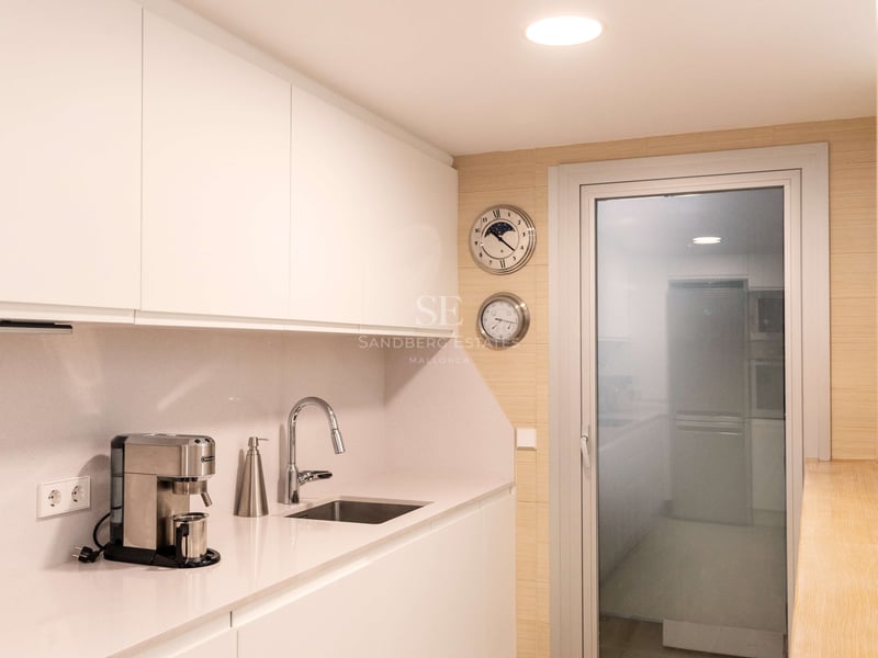 Schlichte weiße Pantryküche mit grifflosen Schränken, Edelstahlspüle und hellem Holzboden.