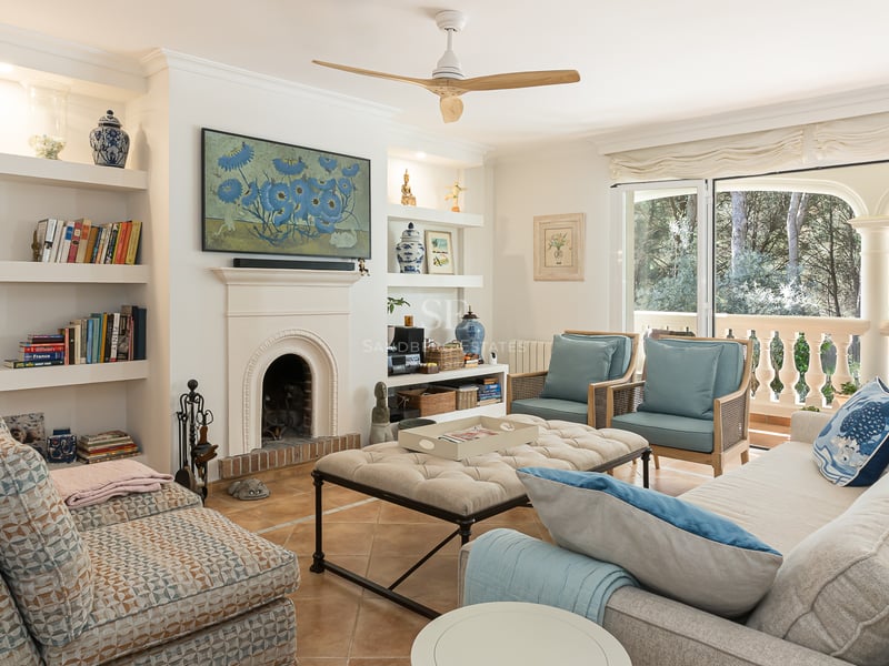 Bright living room featuring a white arched fireplace, built-in shelving, blue armchairs, and glass doors to a terrace.