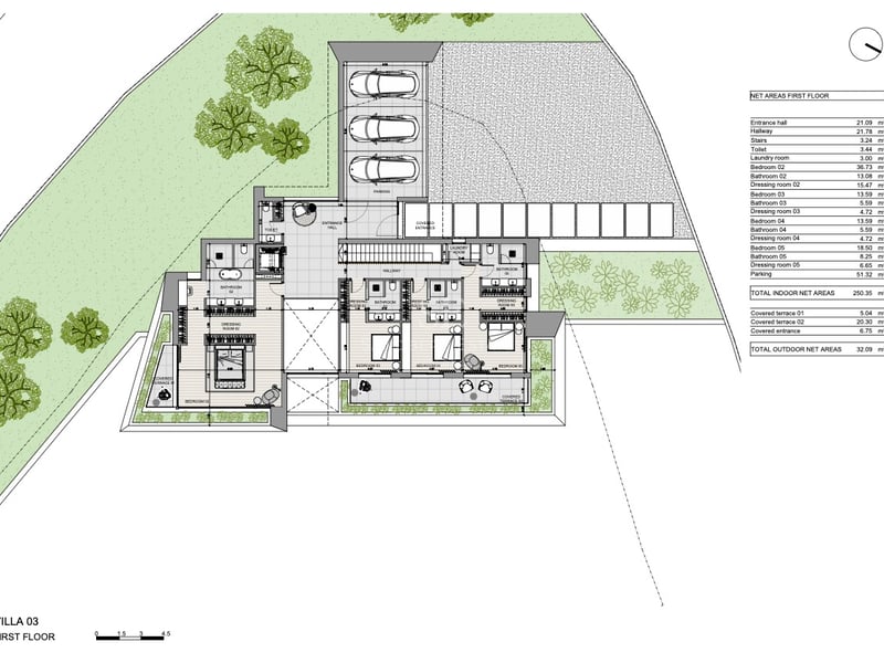 Detailed architectural floor plan of Villa 03 first floor showing bedrooms, bathrooms, and terrace areas.