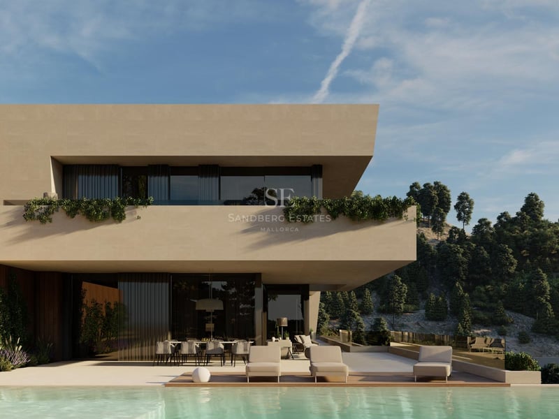 Villa moderne sur deux niveaux avec piscine, salon d'été et façade en pierre naturelle sur fond de colline boisée.