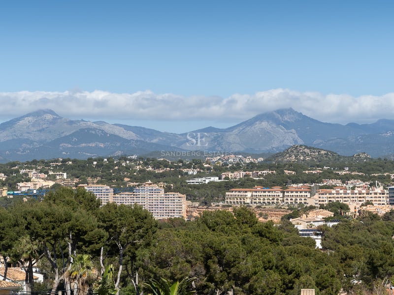 Flygvy över medelhavslandskap med tallskogar, bostadshus och berg under en klarblå himmel.