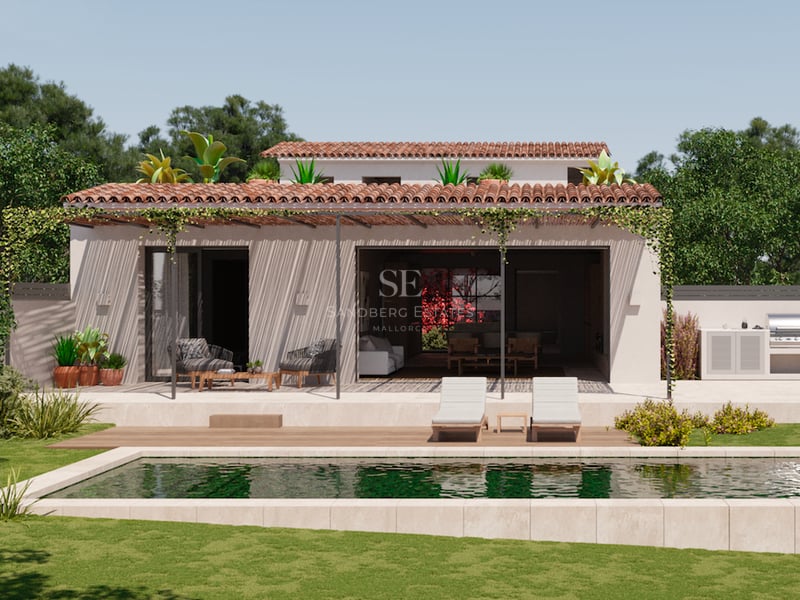 Villa blanche avec piscine rectangulaire, terrasse en pierre, cuisine extérieure et jardin verdoyant.