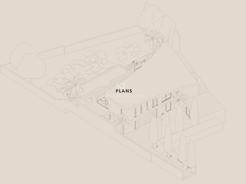 Dessin au trait en 3D montrant l'agencement d'une villa moderne avec piscine, jardin et terrasses.