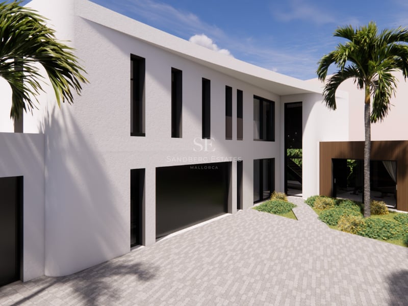 Villa blanche contemporaine aux lignes courbes, menuiseries noires et palmiers sous un ciel bleu.