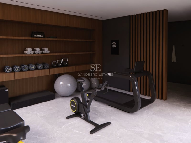 Salle de sport moderne avec sol en marbre, étagères en bois, tapis de course, vélo d'appartement et poids.