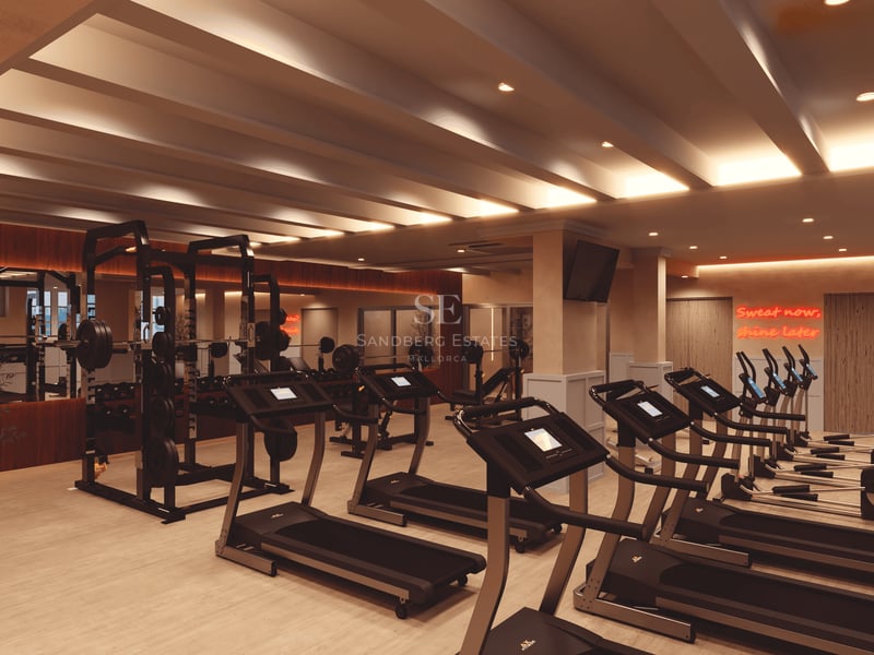 Salle de sport moderne avec tapis de course, poids et éclairage chaleureux avec un panneau néon.