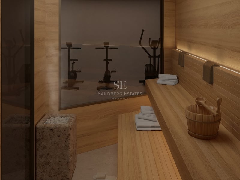 Innenansicht einer modernen Holzsauna mit Steinofen, Dampf und Fenster zum angrenzenden Fitnessbereich.