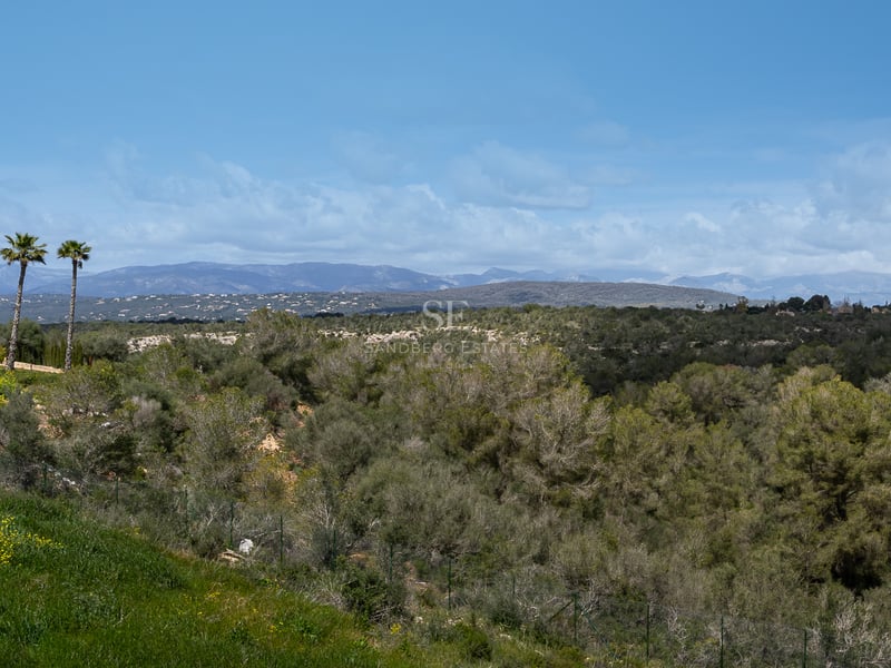Panoramablick auf grüne mediterrane Hügel und ferne Bergketten unter einem blauen Himmel mit vereinzelten Wolken.