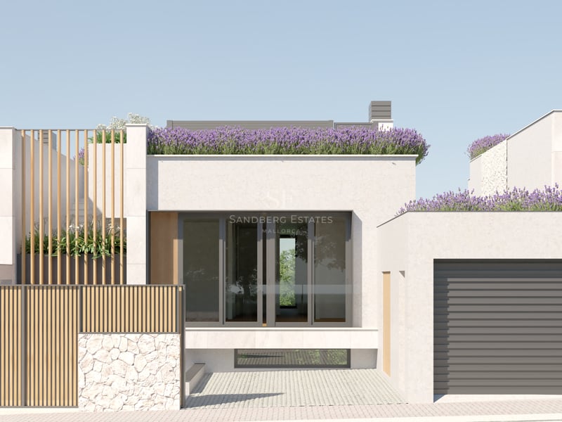 Contemporary white villa facade featuring natural stone walls, timber accents, and purple lavender roof planters.