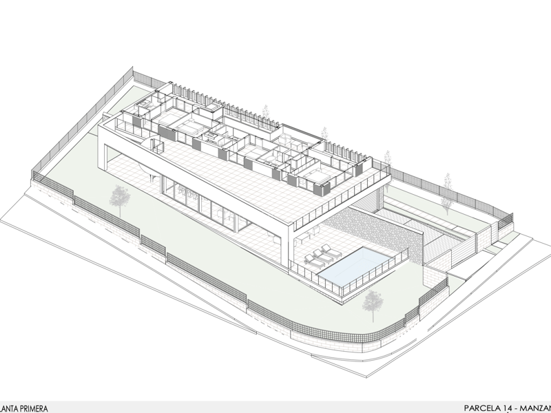 Plan d'architecte isométrique en 3D montrant le premier étage d'une villa moderne, les chambres et la terrasse avec piscine.