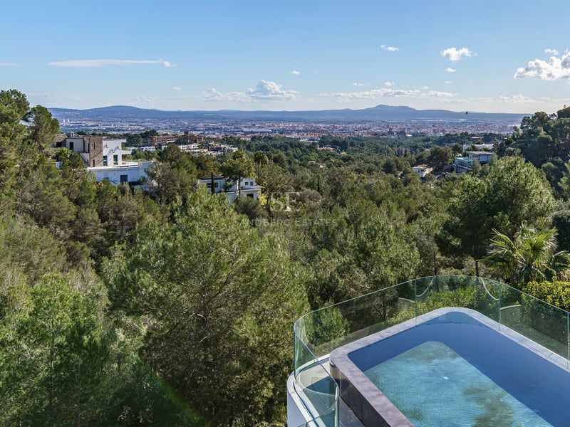 Une piscine à débordement avec garde-corps en verre surplombant une vallée verdoyante, la ville et les montagnes.