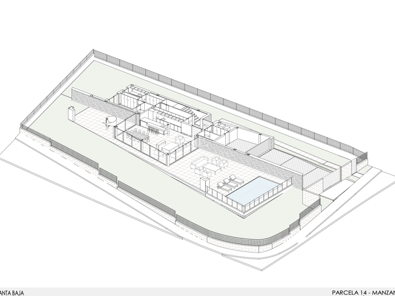 Dessin architectural isométrique en 3D montrant l'aménagement du rez-de-chaussée d'une villa moderne avec piscine et terrasse.