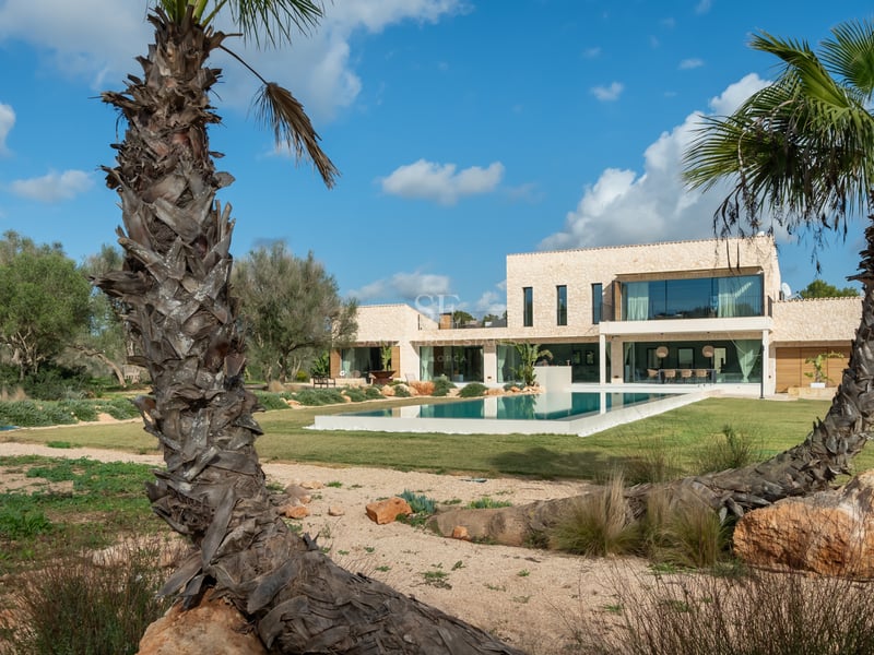 Modern tvåvåningsvilla med en stor rektangulär pool, gräsmatta och palmer under en blå himmel.