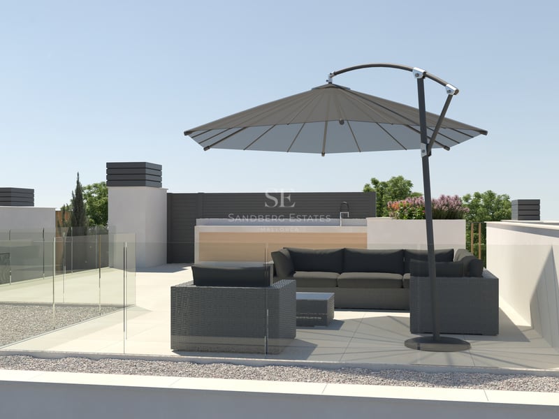 Contemporary rooftop terrace featuring a large grey sofa set under a cantilever parasol with glass balustrades.