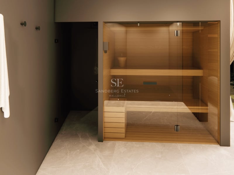 Sauna moderne avec intérieur en bois clair et paroi en verre trempé sur un sol en marbre beige.