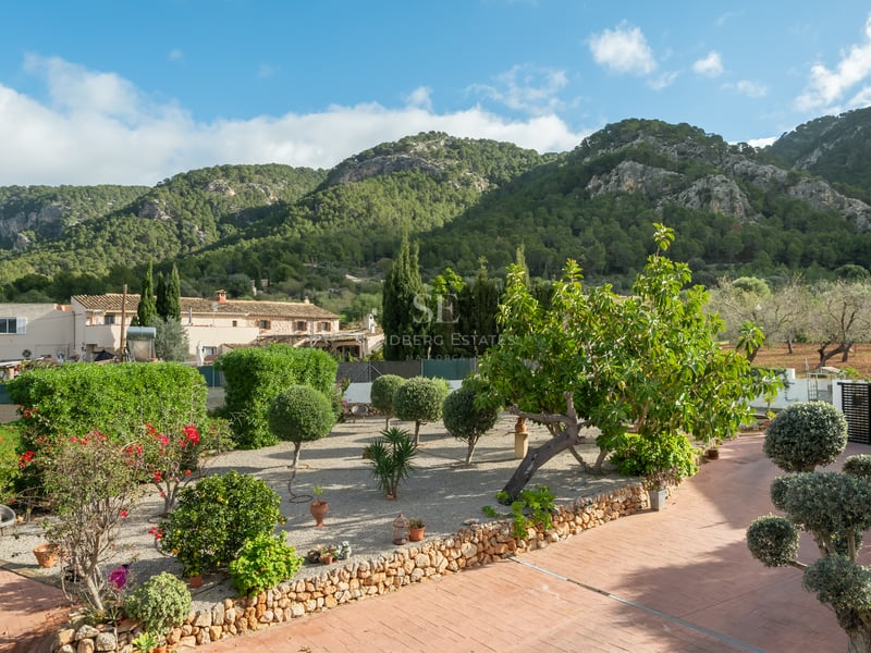 Landscaped garden with terracotta paths, gravel, and manicured shrubs against a backdrop of pine-covered mountains.