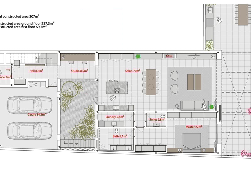 Plan d'architecte du rez-de-chaussée d'une villa comprenant un garage double, un grand salon et une suite parentale.