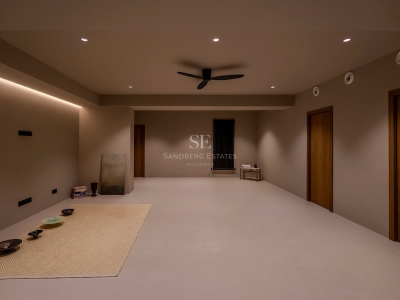 Une grande pièce minimaliste avec un éclairage chaleureux, des murs taupe, des portes en bois et un ventilateur noir.