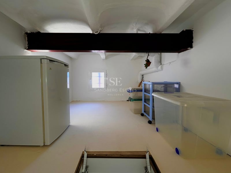 Small storage room with a vaulted ceiling, dark wood beam, a white freezer, and plastic storage bins.