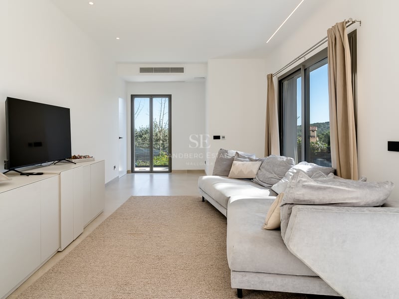 Modernt vardagsrum med grå soffa, naturfibermatta och stora glaspartier som släpper in rikligt med dagsljus.