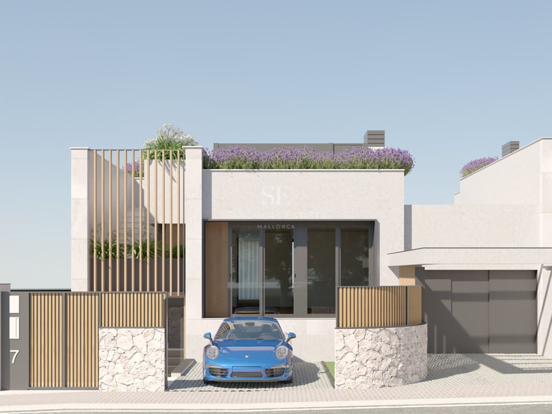 Contemporary white villa facade featuring natural stone walls, vertical wood slats, and a rooftop garden under clear sky.