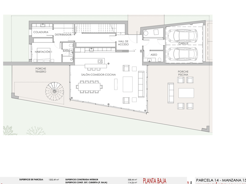Plan technique du rez-de-chaussée d'une villa avec salon ouvert, garage double et grandes terrasses extérieures.