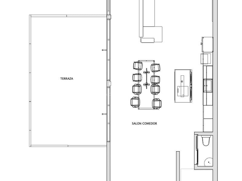 Detaillierter architektonischer Grundriss eines offenen Wohnzimmers, Essbereichs, einer Inselküche und einer Terrasse.