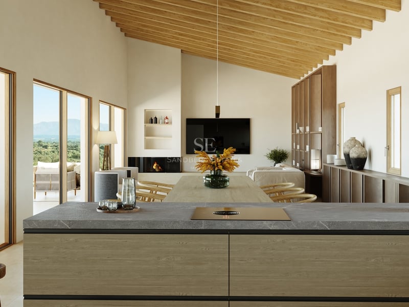 Vue intérieure de l'îlot de cuisine vers le salon avec poutres apparentes, cheminée et vue sur la nature.