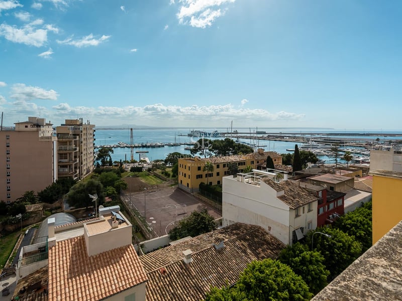 Erhöhte Ansicht eines mediterranen Hafens mit Yachten, Terrakotta-Dächern und blauem Meer unter hellem Himmel.