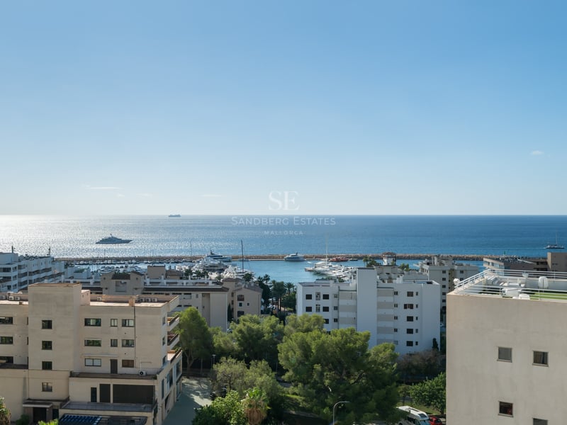 High-angle view of a coastal city, a yacht-filled marina, and the vast blue Mediterranean Sea under a bright sky.