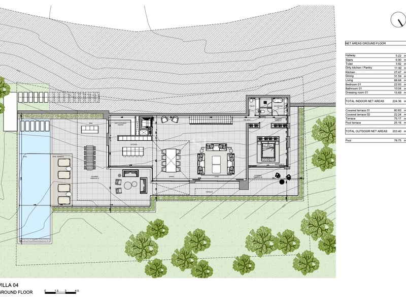 Plan architectural du rez-de-chaussée d'une villa de luxe avec salon ouvert, suite parentale et piscine.