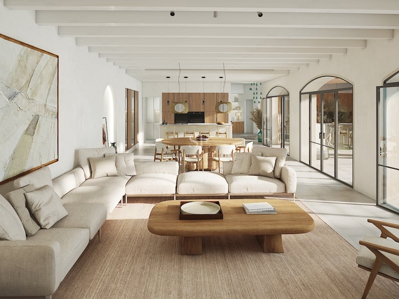 Salon moderne avec plafonds à poutres blanches, grandes portes vitrées voûtées et meubles en bois clair.