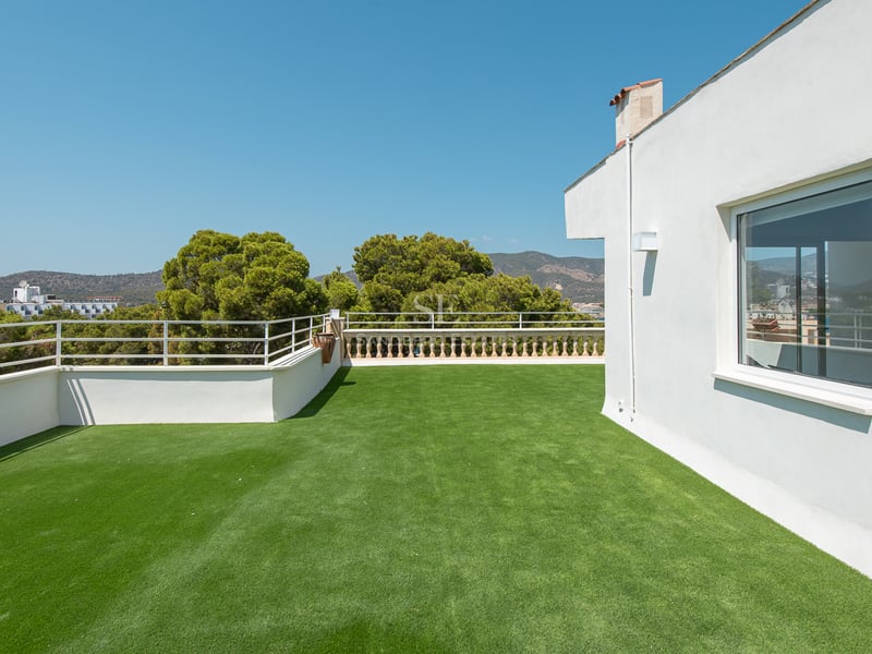 Grande terrasse sur le toit avec gazon synthétique, garde-corps en métal et vue sur les collines.