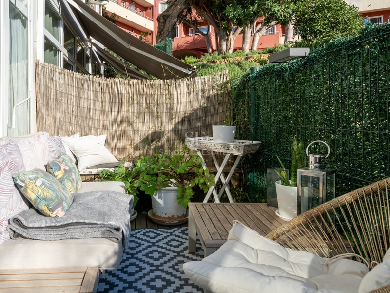 Sunny terrace featuring comfortable sofas, a geometric rug, and bamboo privacy screening in a coastal setting.