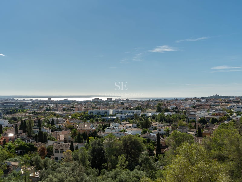 Vue panoramique en hauteur d'une ville méditerranéenne avec des arbres verdoyants et la mer au loin.