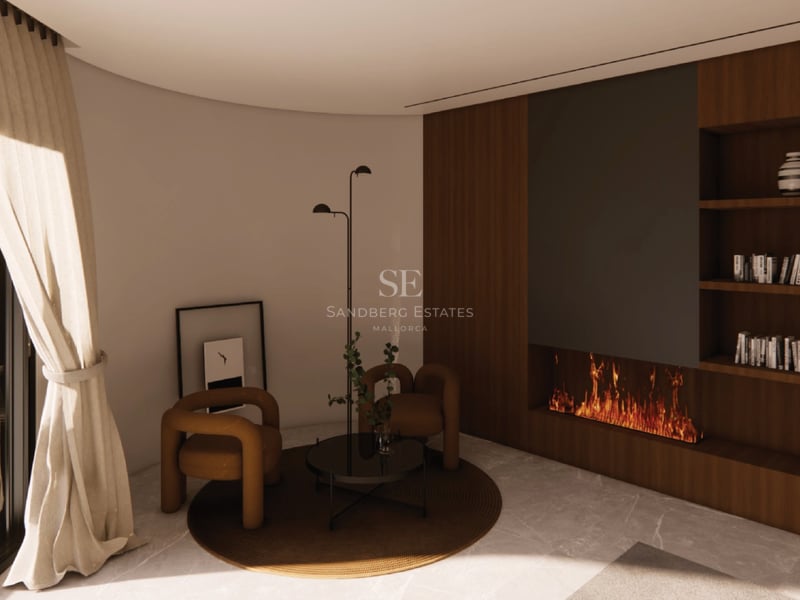 Salon moderne avec deux fauteuils design, cheminée linéaire et boiseries en noyer.