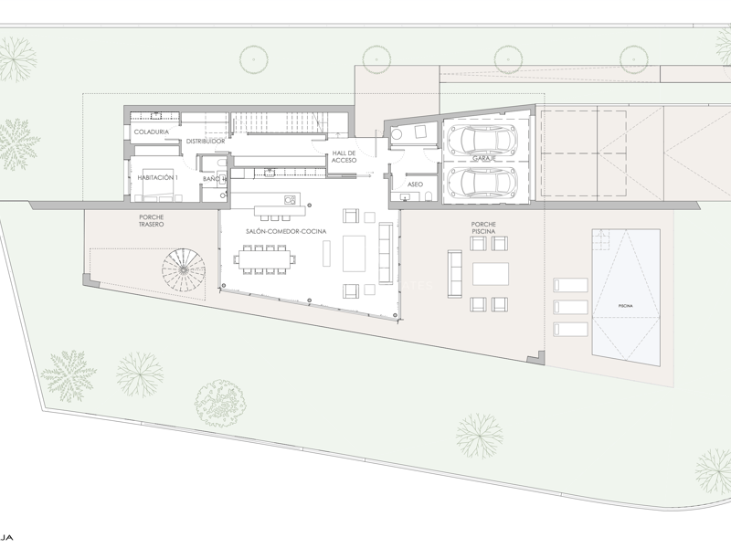 Plan architectural montrant le rez-de-chaussée avec salon ouvert, garage double et espace piscine.