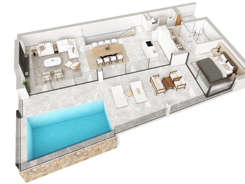 Plan d'étage 3D d'un appartement de luxe avec espace de vie ouvert, suite parentale et terrasse avec piscine privée.